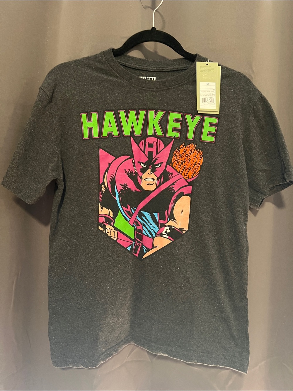 Marvel Hawkeye Graphic Tee - Dark Gray with Neon Pink, Green & Orange
